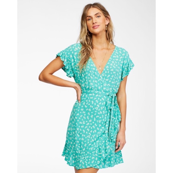 Billabong Dresses & Skirts - Billabong Wrap and Roll Aqua Green Floral V-Neck Mini Wrap Dress